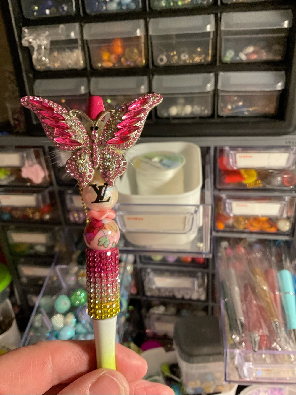 Pink Butterfly Crystal Decorative Pen - Luxury-Inspired Accent